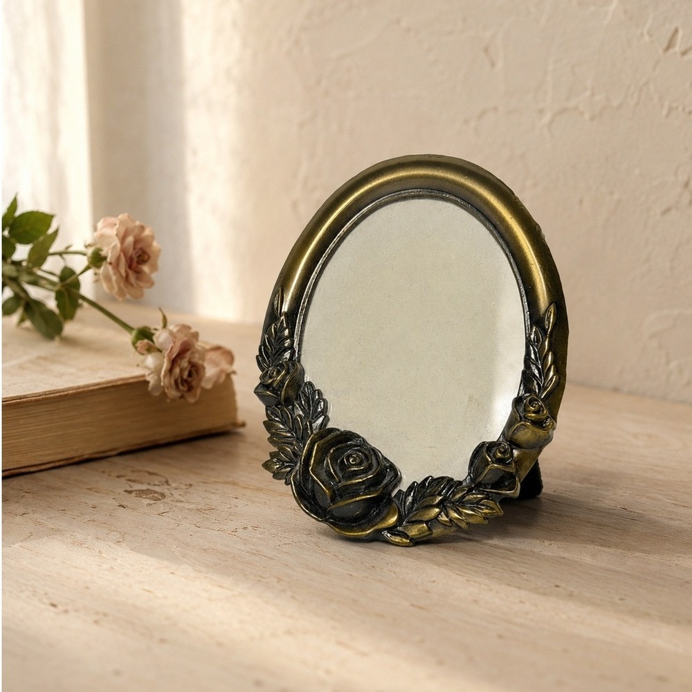Vintage Rose Floral Oval Mini Tabletop Picture Frame Bronze Gold Tone 2x3